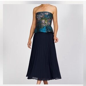 Strapless Teal Floral Peplum Top with Navy Pleated Skirt Dress